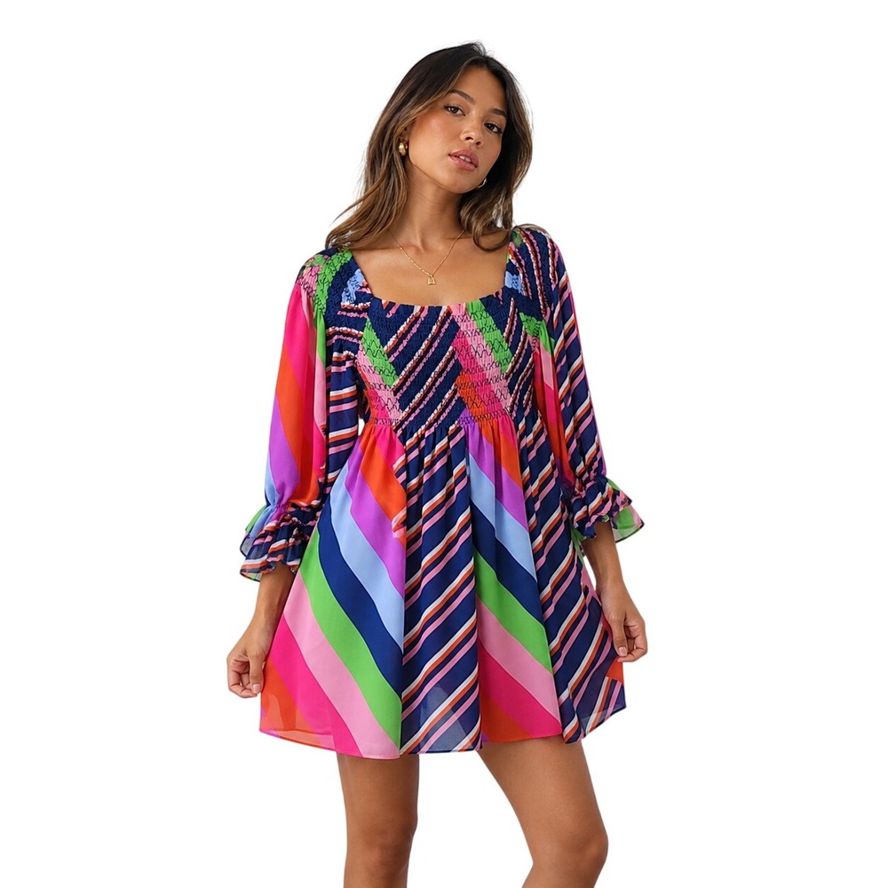TRINA TURK Multicolor Striped Smocked Mini Dress Puff Sleeve Rainbow Size M